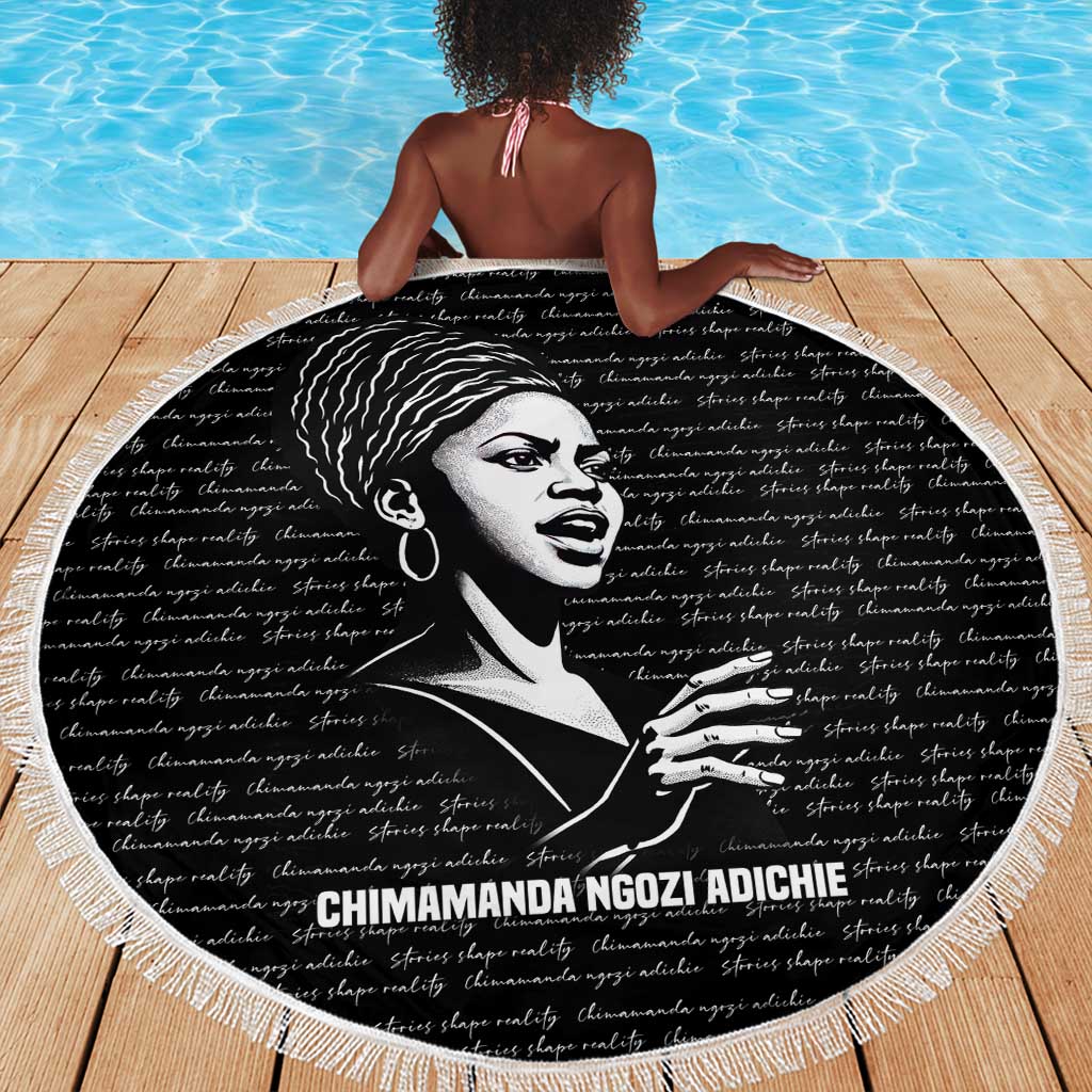 Chimamanda Ngozi Adichie Beach Blanket with Expressive Speaking Portrait, Stories Shape Reality - African Pride