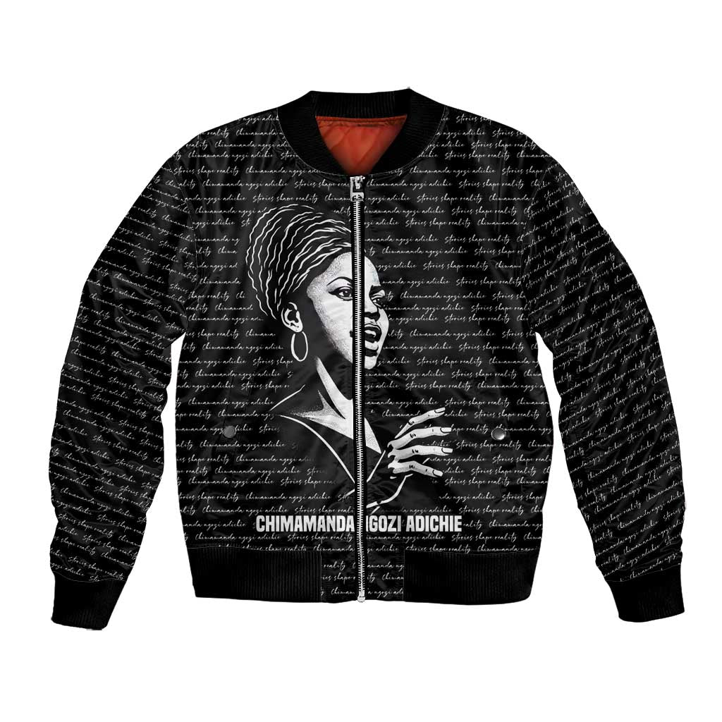 Chimamanda Ngozi Adichie Bomber Jacket with Expressive Speaking Portrait, Stories Shape Reality - African Pride