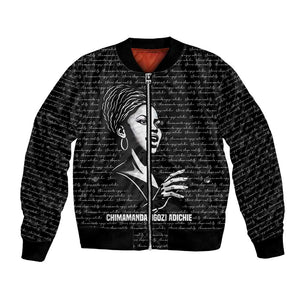 Chimamanda Ngozi Adichie Bomber Jacket with Expressive Speaking Portrait, Stories Shape Reality - African Pride