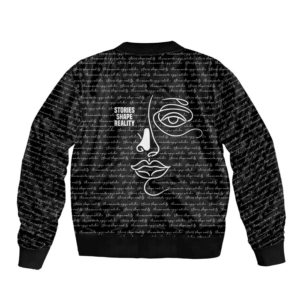 Chimamanda Ngozi Adichie Bomber Jacket with Expressive Speaking Portrait, Stories Shape Reality - African Pride