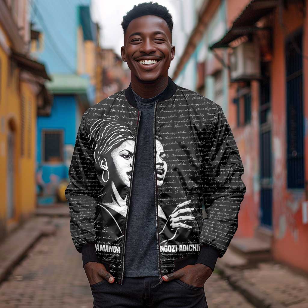 Chimamanda Ngozi Adichie Bomber Jacket with Expressive Speaking Portrait, Stories Shape Reality - African Pride