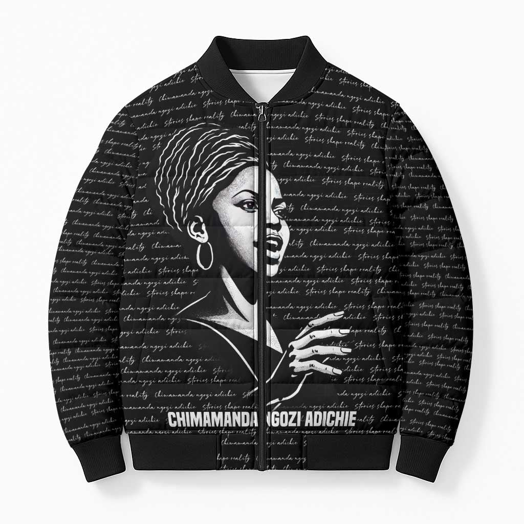 Chimamanda Ngozi Adichie Bomber Puffer Jacket with Expressive Speaking Portrait, Stories Shape Reality - African Pride