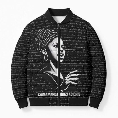 Chimamanda Ngozi Adichie Bomber Puffer Jacket with Expressive Speaking Portrait, Stories Shape Reality - African Pride