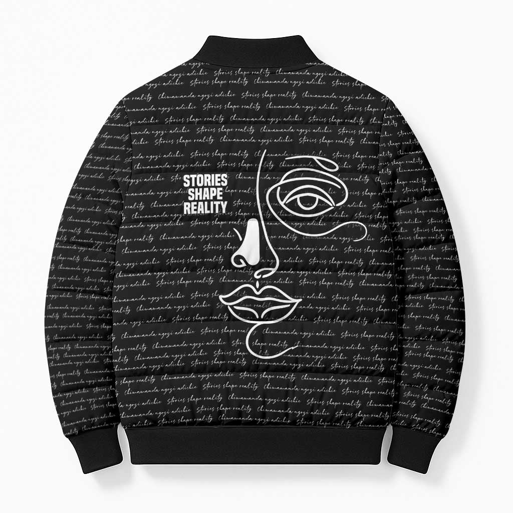 Chimamanda Ngozi Adichie Bomber Puffer Jacket with Expressive Speaking Portrait, Stories Shape Reality - African Pride