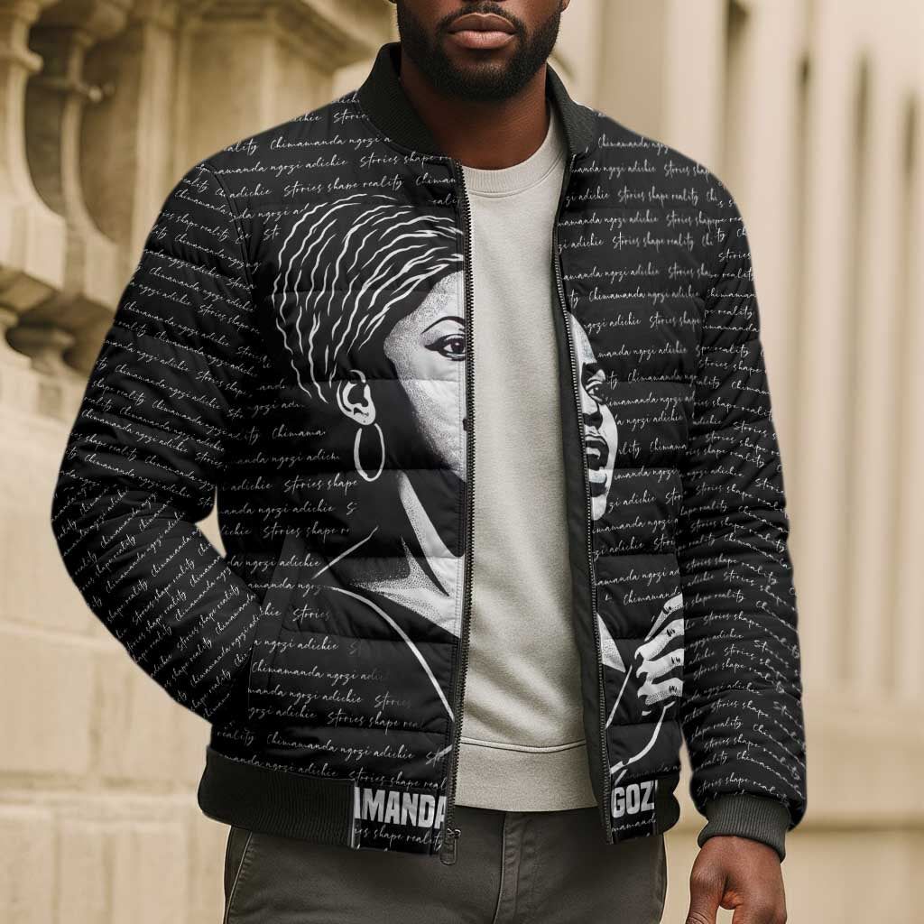 Chimamanda Ngozi Adichie Bomber Puffer Jacket with Expressive Speaking Portrait, Stories Shape Reality - African Pride