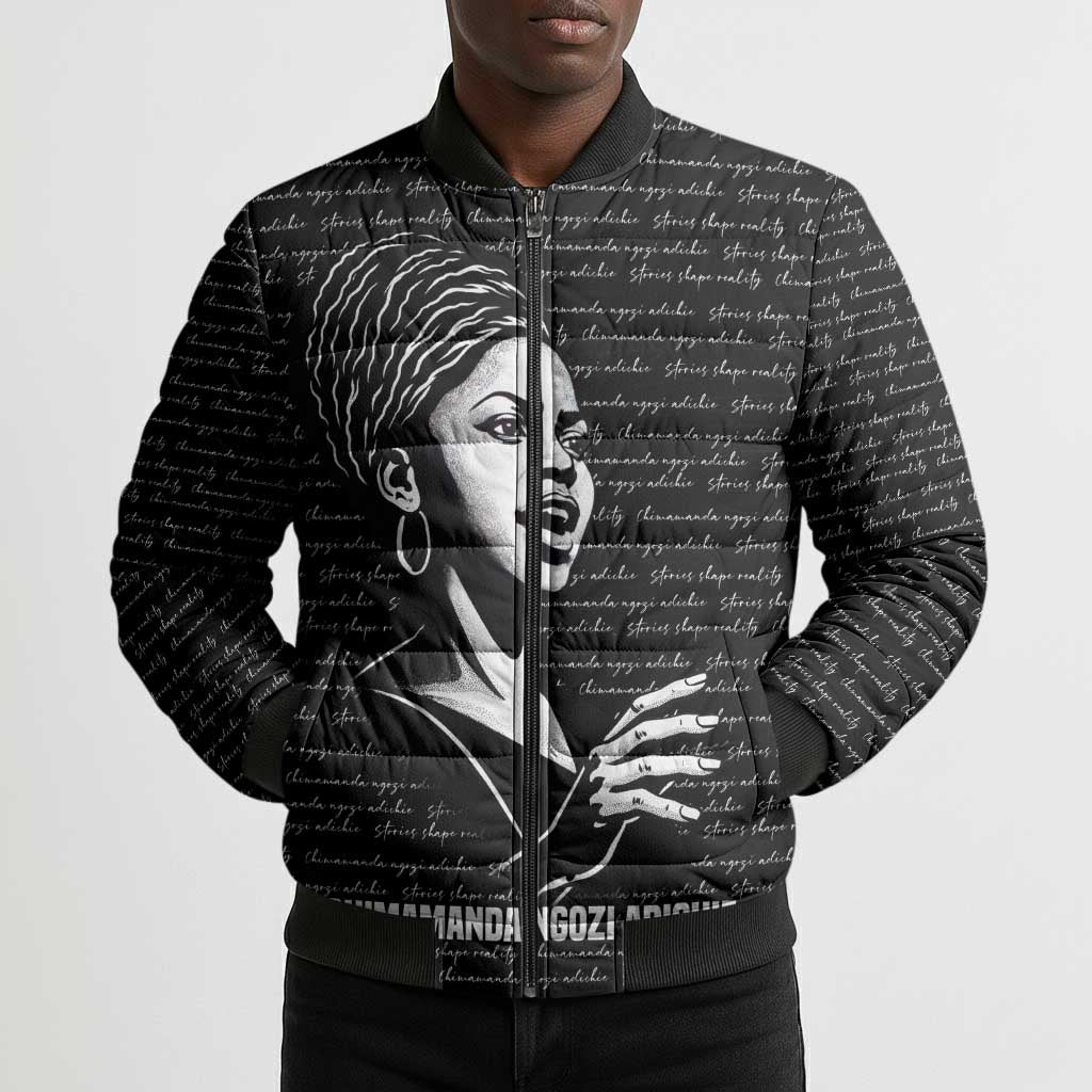 Chimamanda Ngozi Adichie Bomber Puffer Jacket with Expressive Speaking Portrait, Stories Shape Reality - African Pride