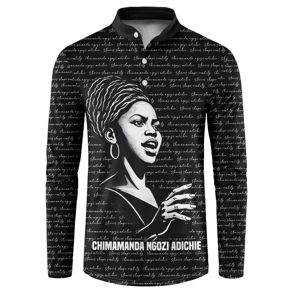Chimamanda Ngozi Adichie Button Sweatshirt with Expressive Speaking Portrait, Stories Shape Reality
