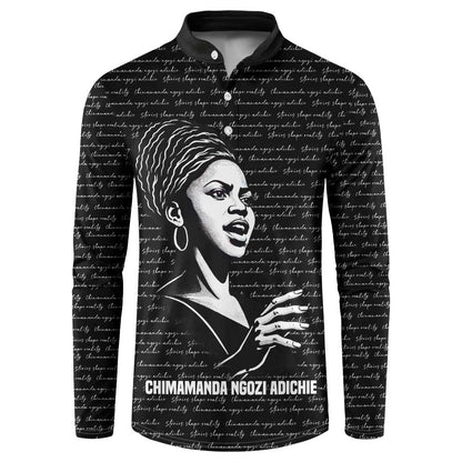 Chimamanda Ngozi Adichie Button Sweatshirt with Expressive Speaking Portrait, Stories Shape Reality