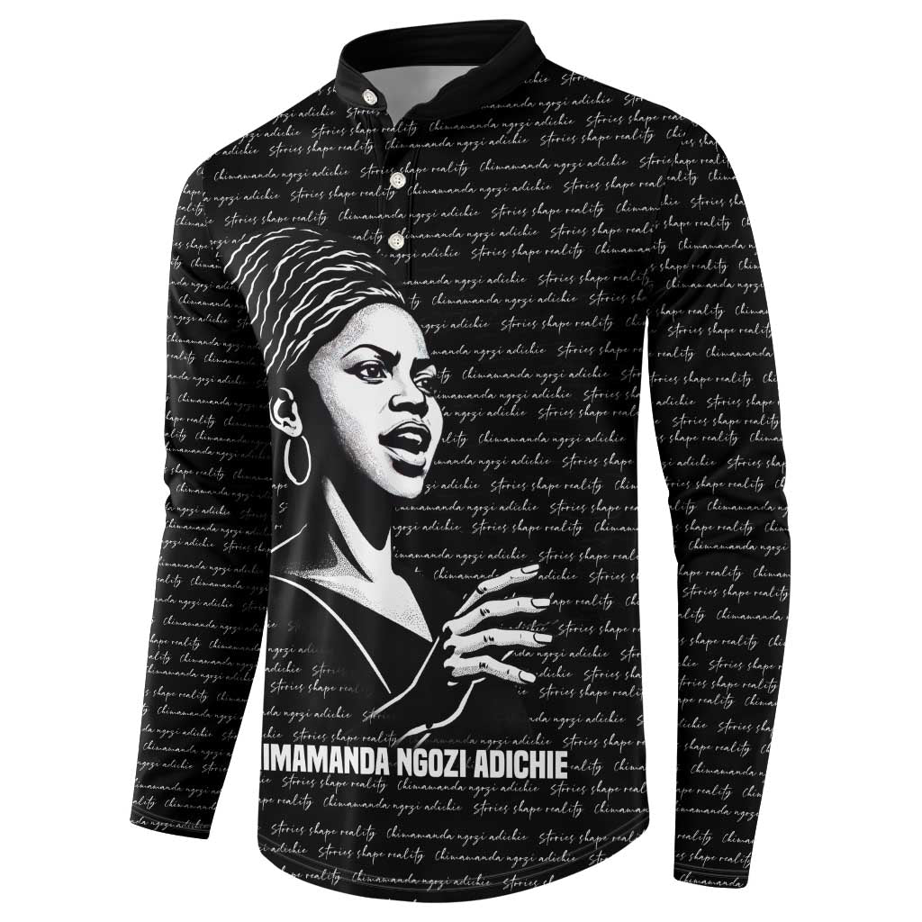 Chimamanda Ngozi Adichie Button Sweatshirt with Expressive Speaking Portrait, Stories Shape Reality