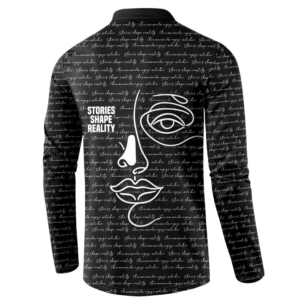 Chimamanda Ngozi Adichie Button Sweatshirt with Expressive Speaking Portrait, Stories Shape Reality