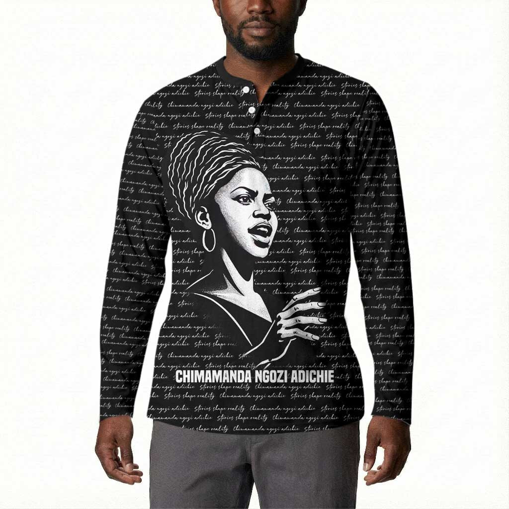 Chimamanda Ngozi Adichie Button Sweatshirt with Expressive Speaking Portrait, Stories Shape Reality