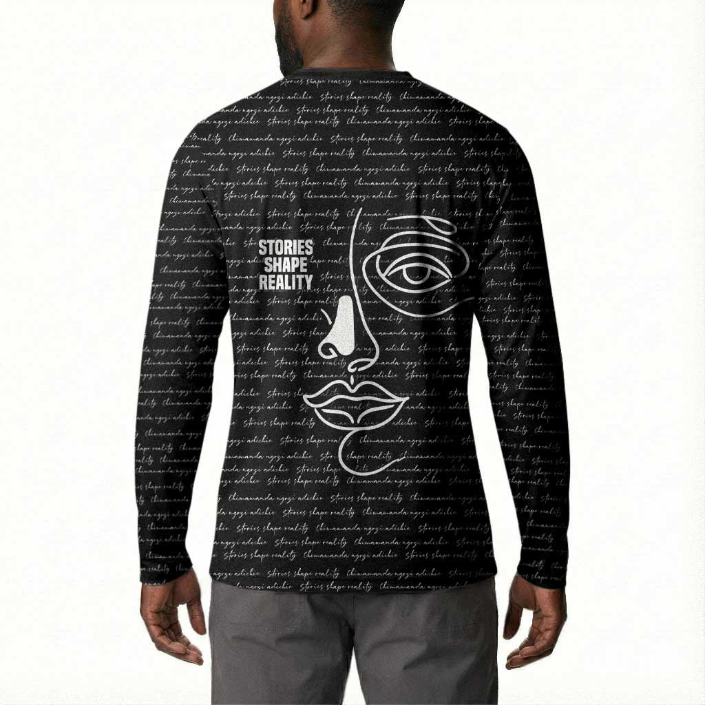 Chimamanda Ngozi Adichie Button Sweatshirt with Expressive Speaking Portrait, Stories Shape Reality