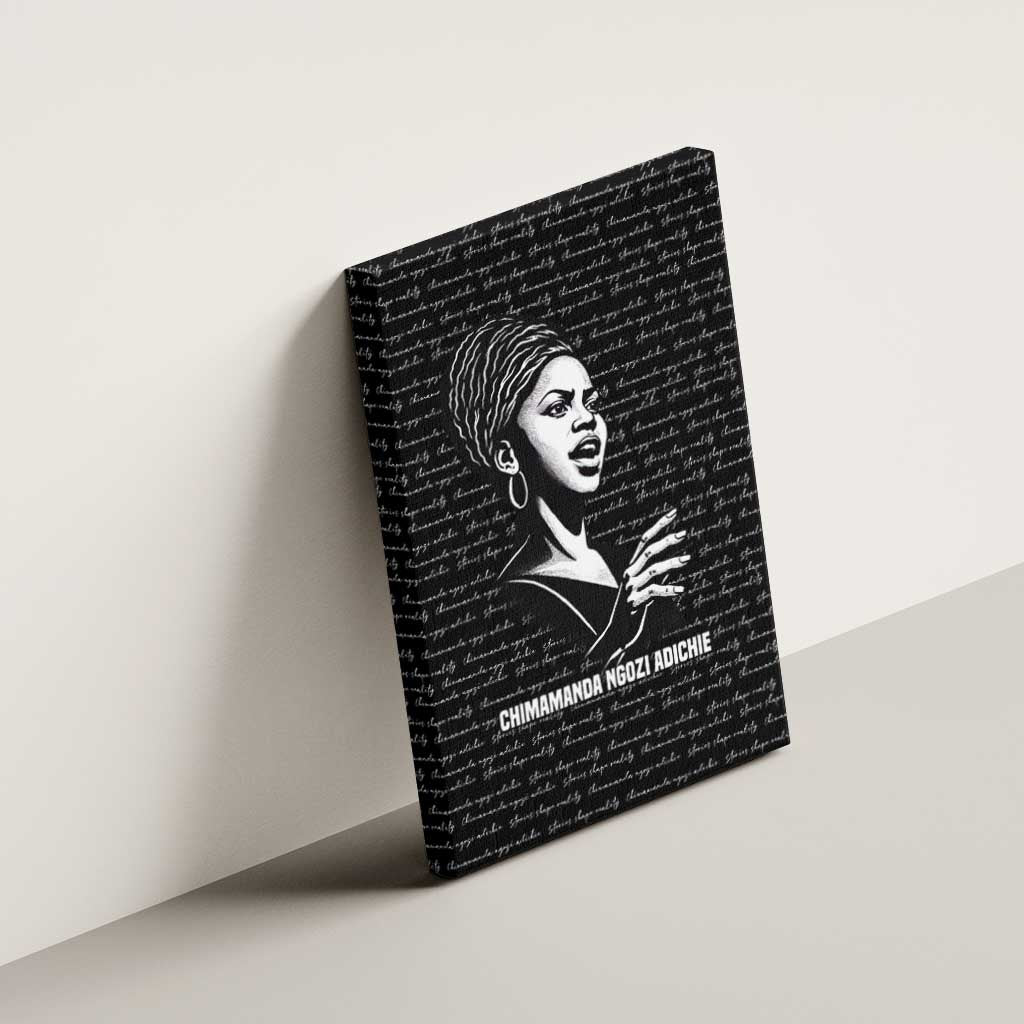 Chimamanda Ngozi Adichie Canvas Wall Art with Expressive Speaking Portrait, Stories Shape Reality - African Pride