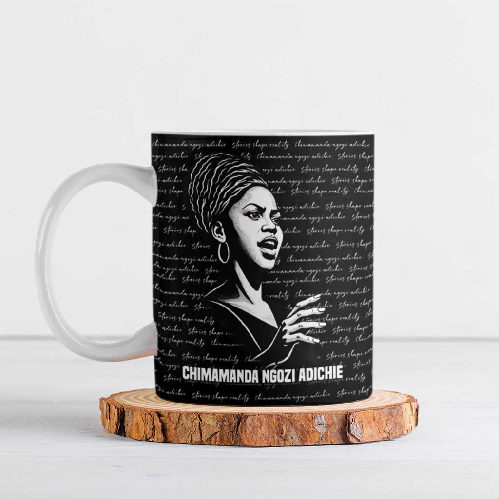 Chimamanda Ngozi Adichie Ceramic Mug with Expressive Speaking Portrait, Stories Shape Reality - African Pride