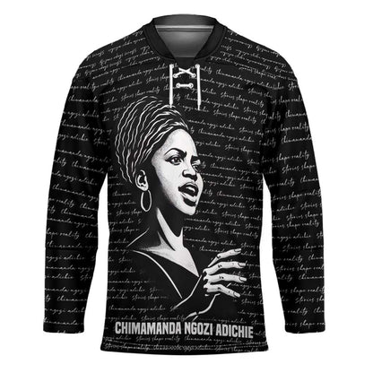 Chimamanda Ngozi Adichie Hockey Jersey with Expressive Speaking Portrait, Stories Shape Reality - African Pride