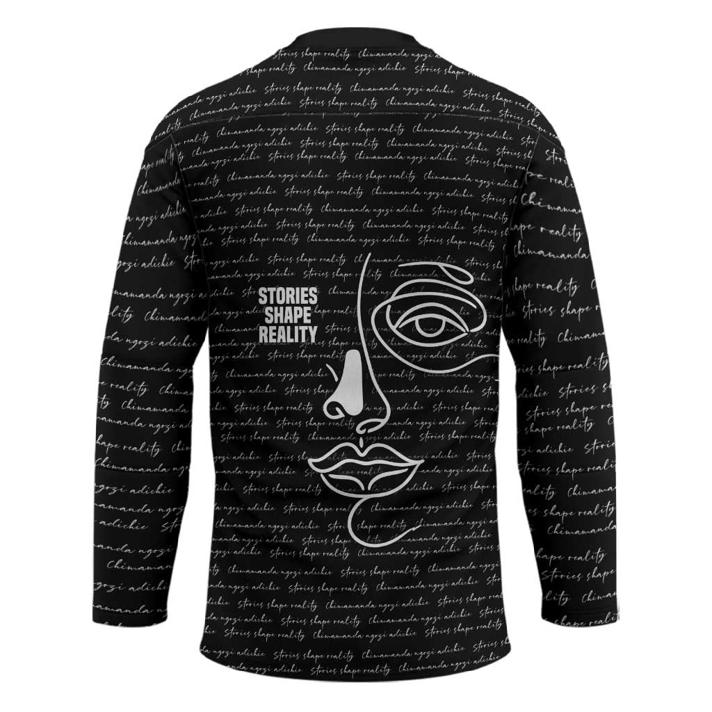Chimamanda Ngozi Adichie Hockey Jersey with Expressive Speaking Portrait, Stories Shape Reality - African Pride