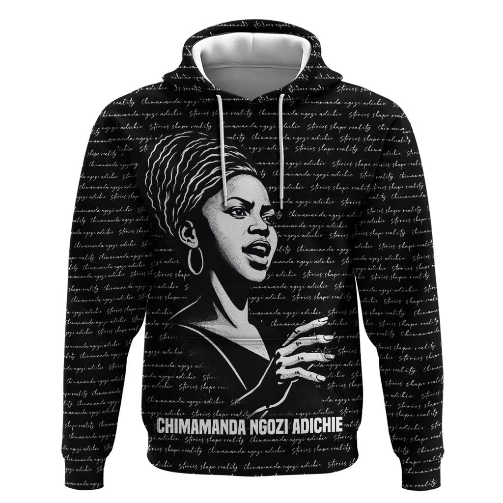 Chimamanda Ngozi Adichie Hoodie with Expressive Speaking Portrait, Stories Shape Reality - African Pride