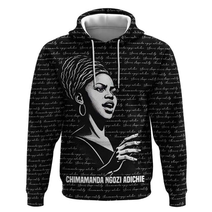 Chimamanda Ngozi Adichie Hoodie with Expressive Speaking Portrait, Stories Shape Reality - African Pride