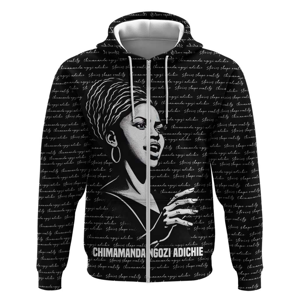 Chimamanda Ngozi Adichie Hoodie with Expressive Speaking Portrait, Stories Shape Reality - African Pride