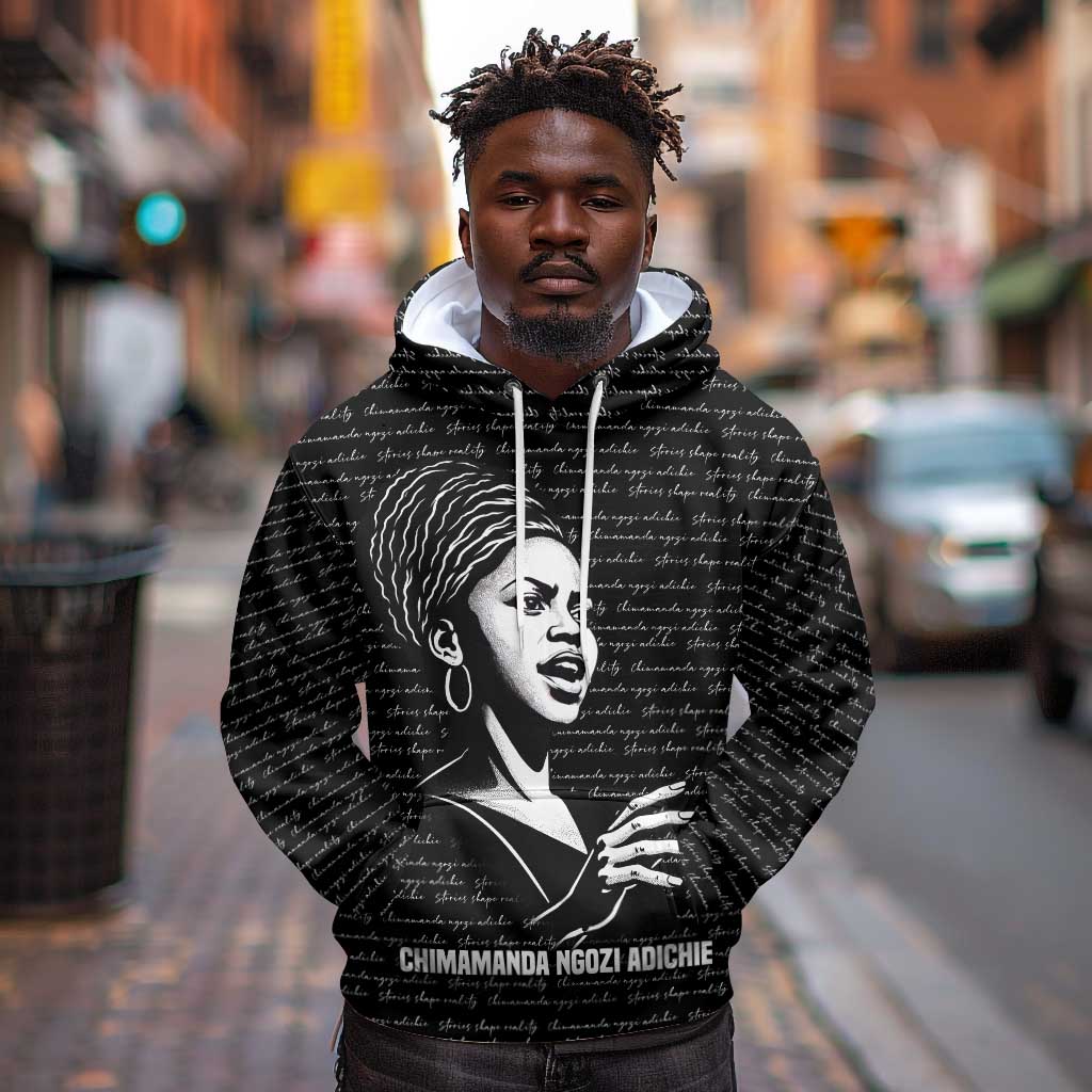Chimamanda Ngozi Adichie Hoodie with Expressive Speaking Portrait, Stories Shape Reality - African Pride