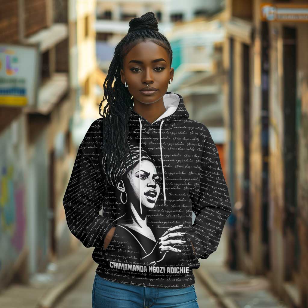 Chimamanda Ngozi Adichie Hoodie with Expressive Speaking Portrait, Stories Shape Reality - African Pride