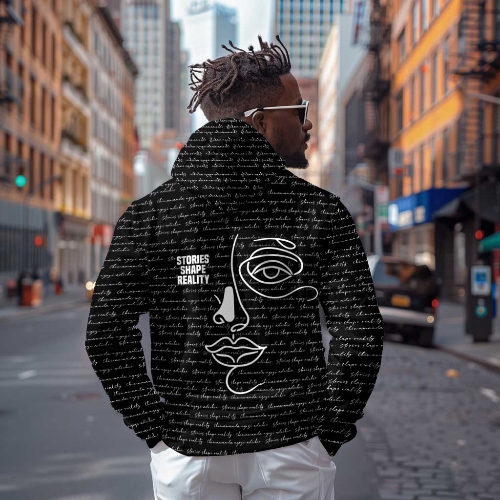 Chimamanda Ngozi Adichie Hoodie with Expressive Speaking Portrait, Stories Shape Reality - African Pride