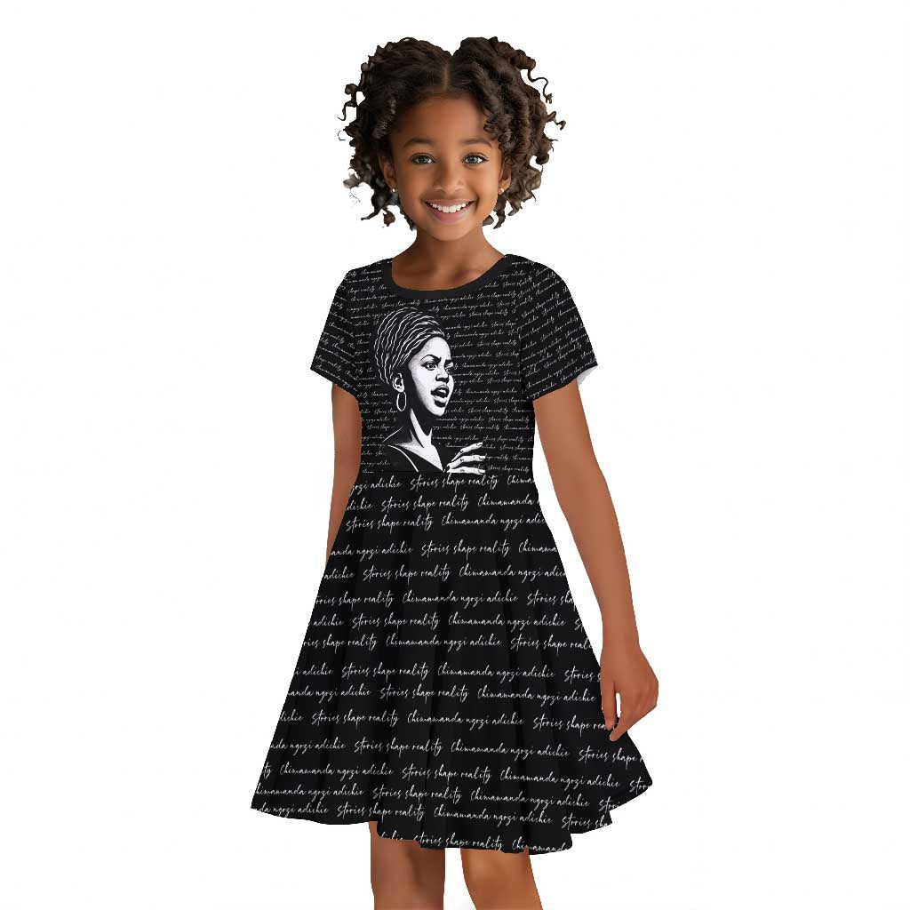 Chimamanda Ngozi Adichie Kid Short Sleeve Dress with Expressive Speaking Portrait, Stories Shape Reality - African Pride