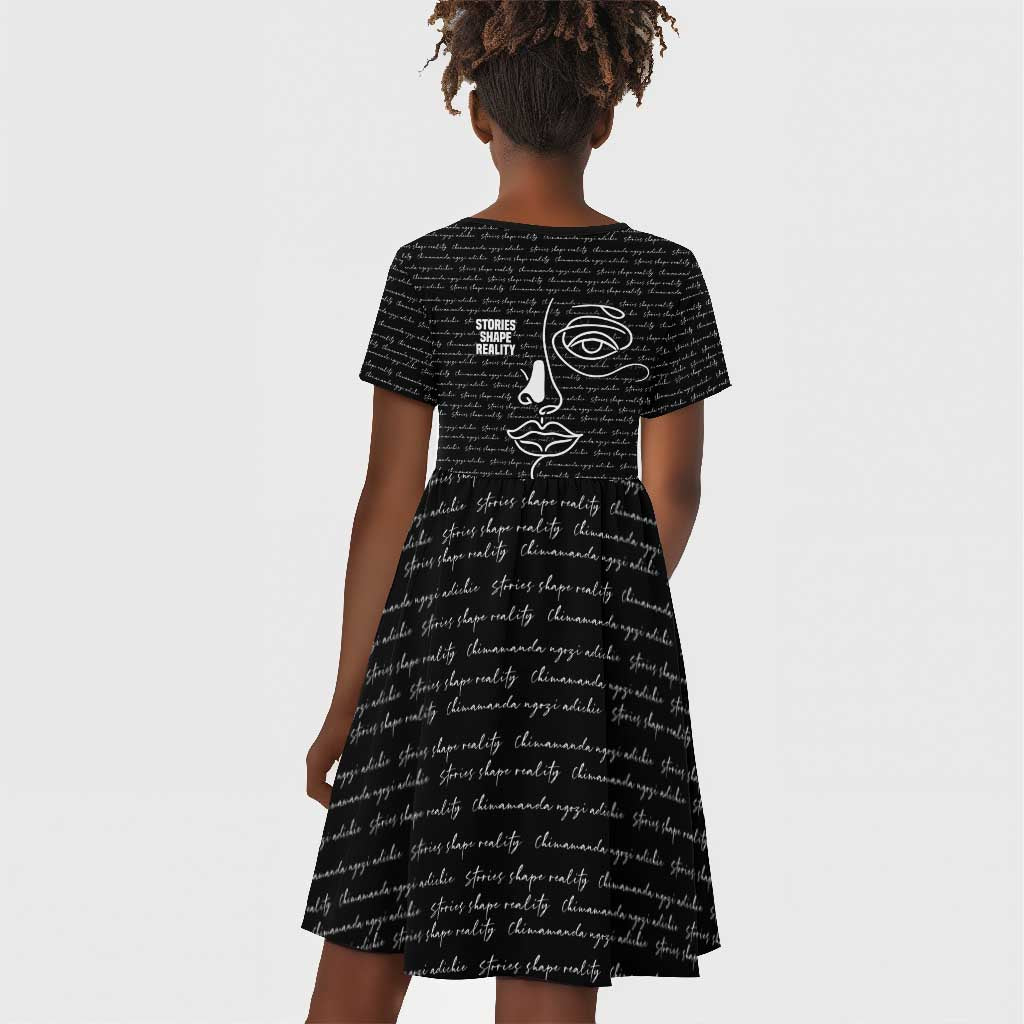 Chimamanda Ngozi Adichie Kid Short Sleeve Dress with Expressive Speaking Portrait, Stories Shape Reality - African Pride