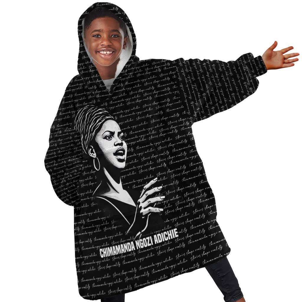 Chimamanda Ngozi Adichie Kid Wearable Blanket Hoodie with Expressive Speaking Portrait, Stories Shape Reality - African Pride