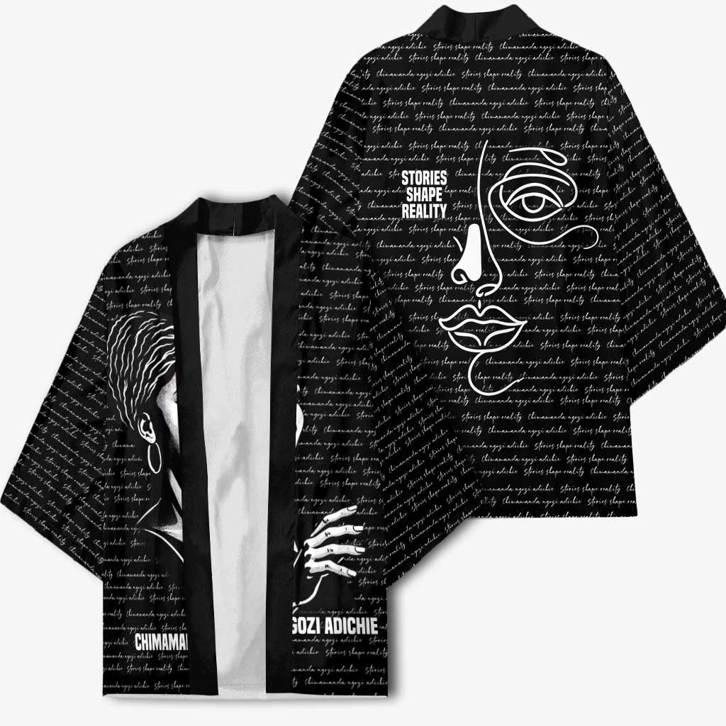 Chimamanda Ngozi Adichie Kimono with Expressive Speaking Portrait, Stories Shape Reality - African Pride