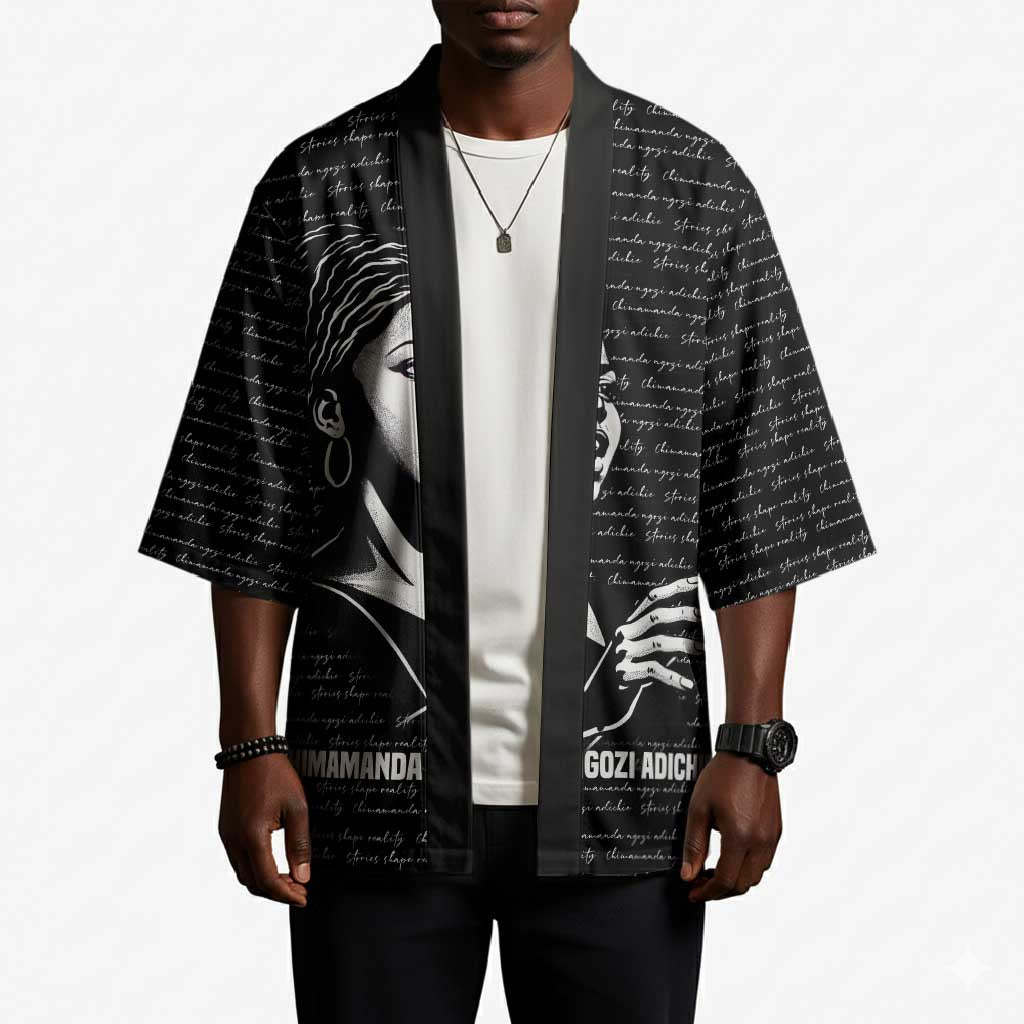 Chimamanda Ngozi Adichie Kimono with Expressive Speaking Portrait, Stories Shape Reality - African Pride