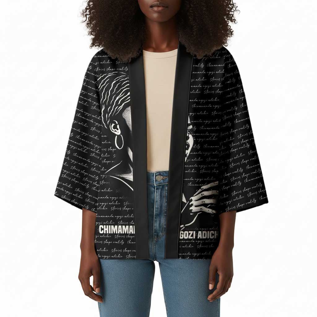 Chimamanda Ngozi Adichie Kimono with Expressive Speaking Portrait, Stories Shape Reality - African Pride