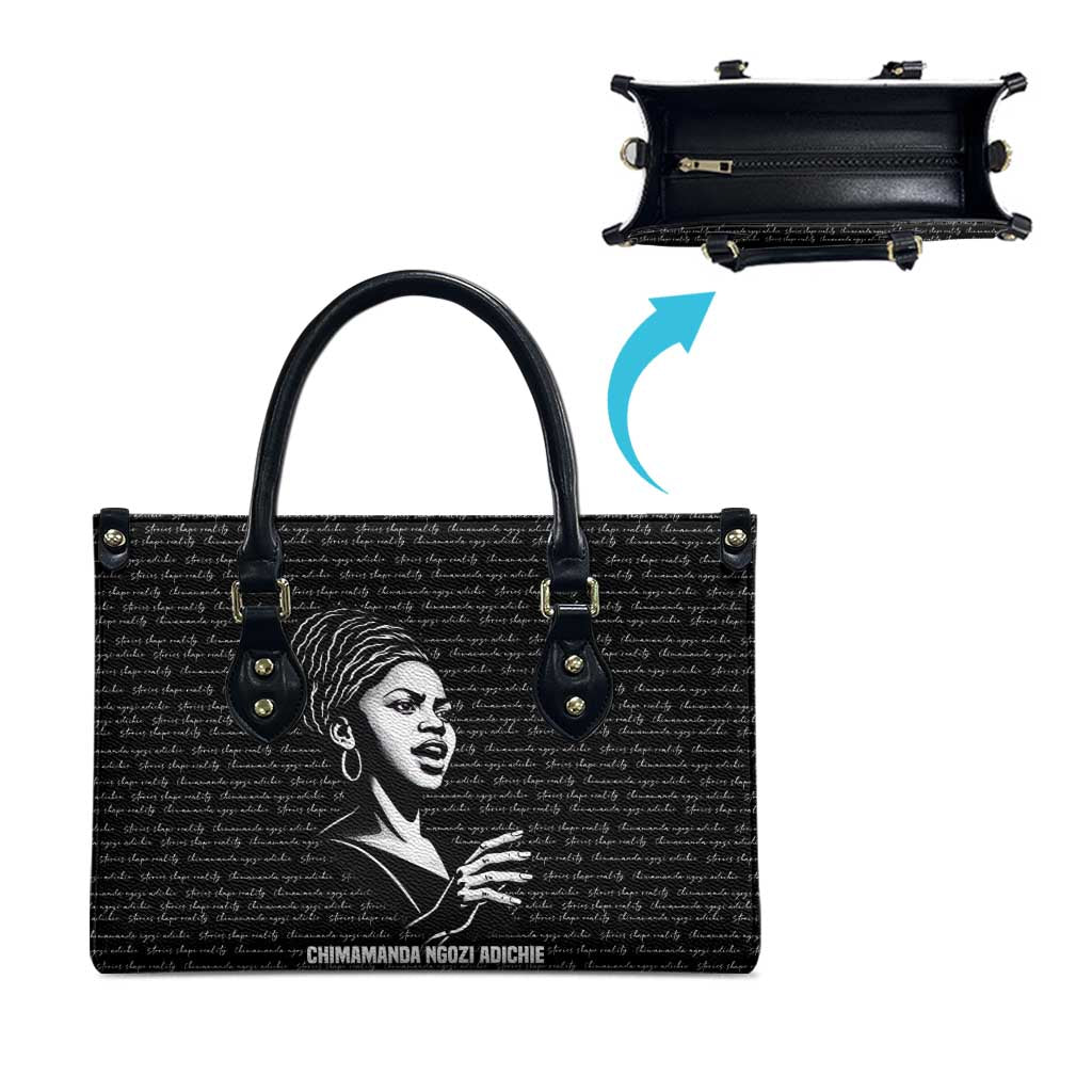 Chimamanda Ngozi Adichie Leather Bag with Expressive Speaking Portrait, Stories Shape Reality - African Pride