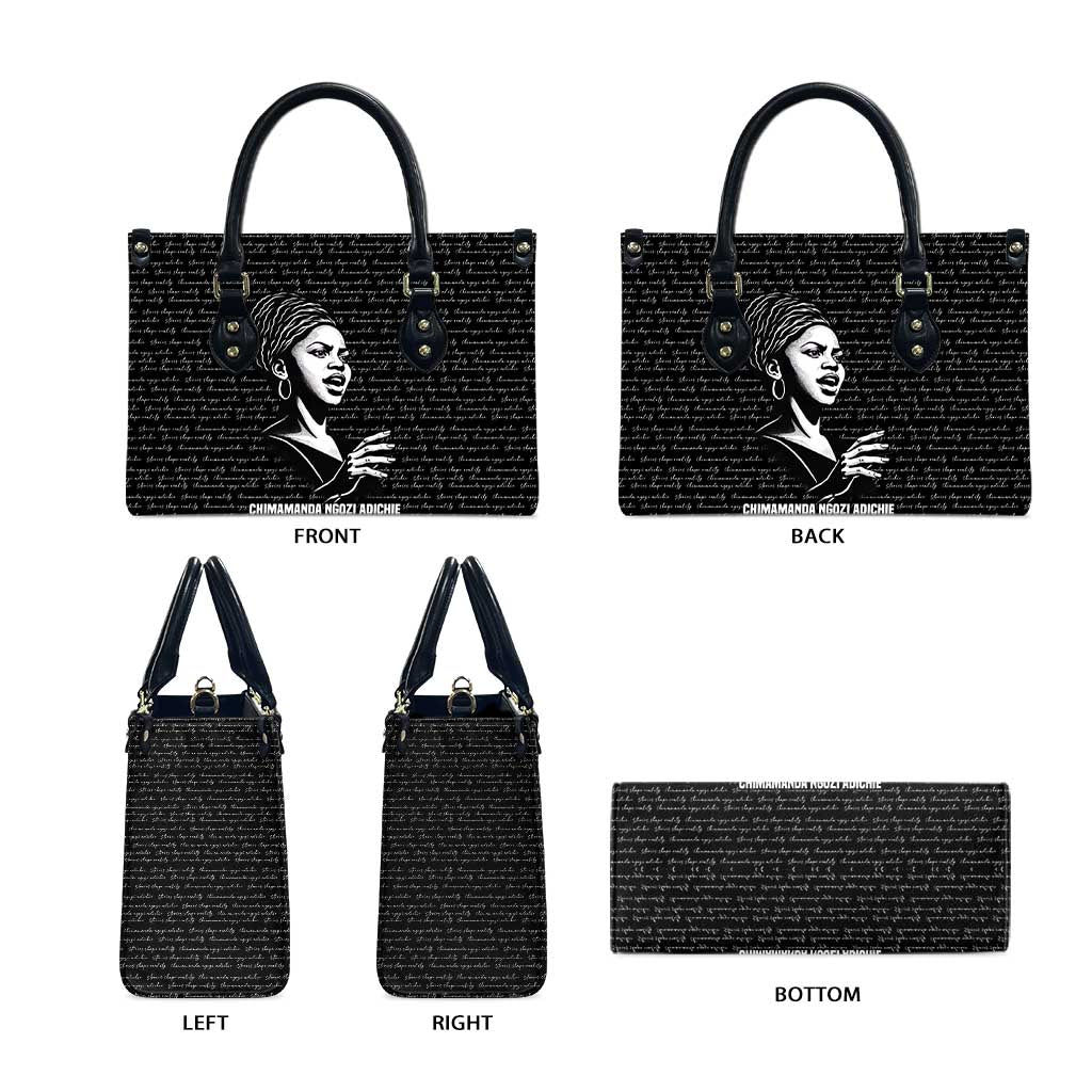 Chimamanda Ngozi Adichie Leather Bag with Expressive Speaking Portrait, Stories Shape Reality - African Pride