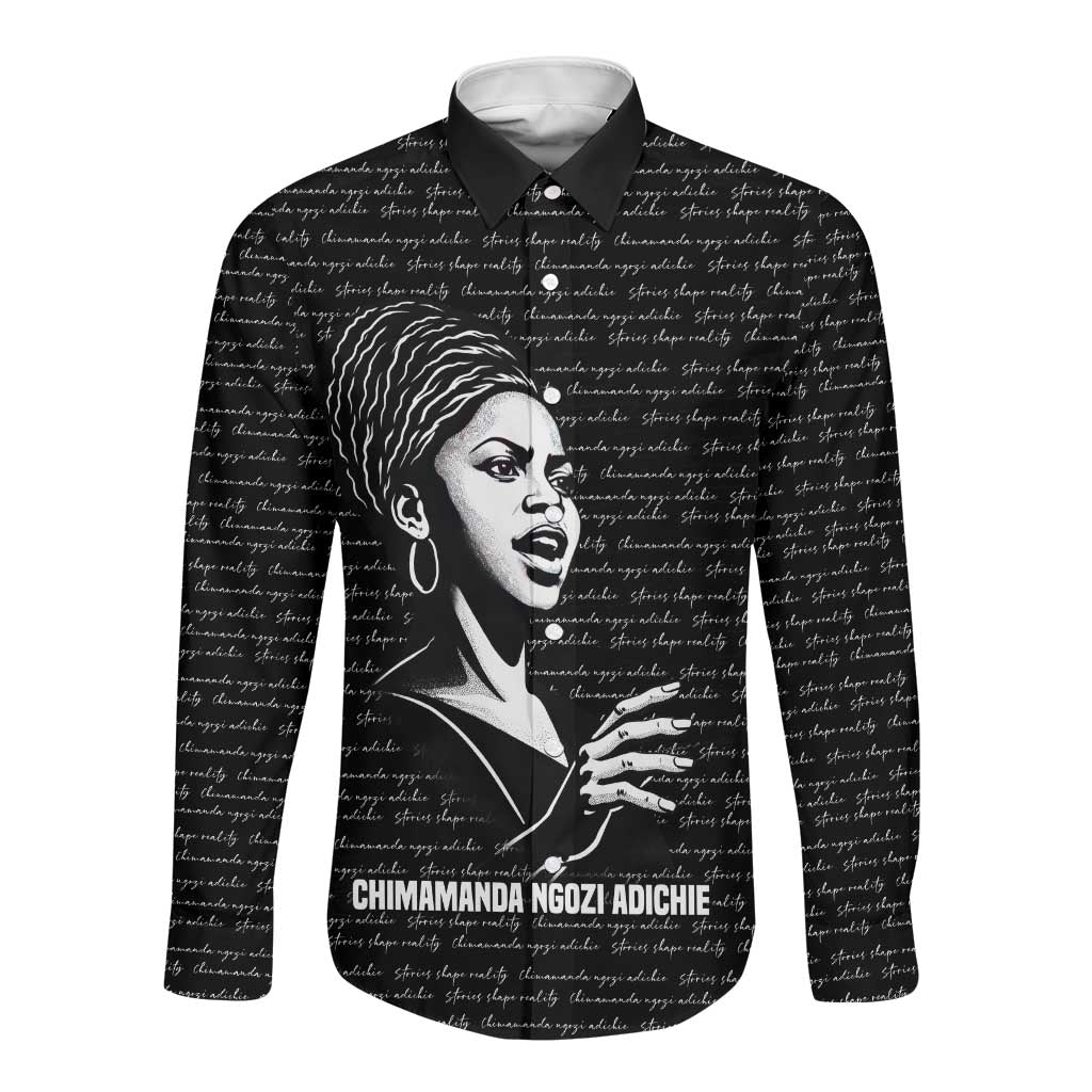Chimamanda Ngozi Adichie Long Sleeve Button Shirt with Expressive Speaking Portrait, Stories Shape Reality - African Pride