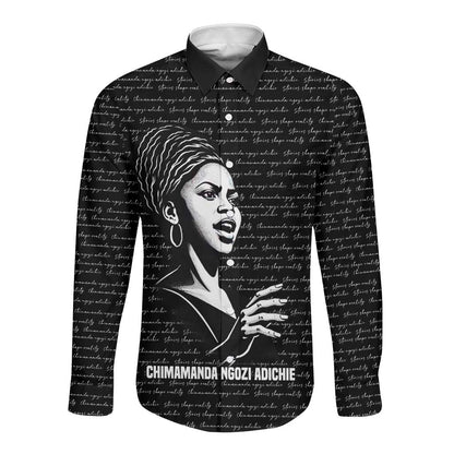 Chimamanda Ngozi Adichie Long Sleeve Button Shirt with Expressive Speaking Portrait, Stories Shape Reality - African Pride