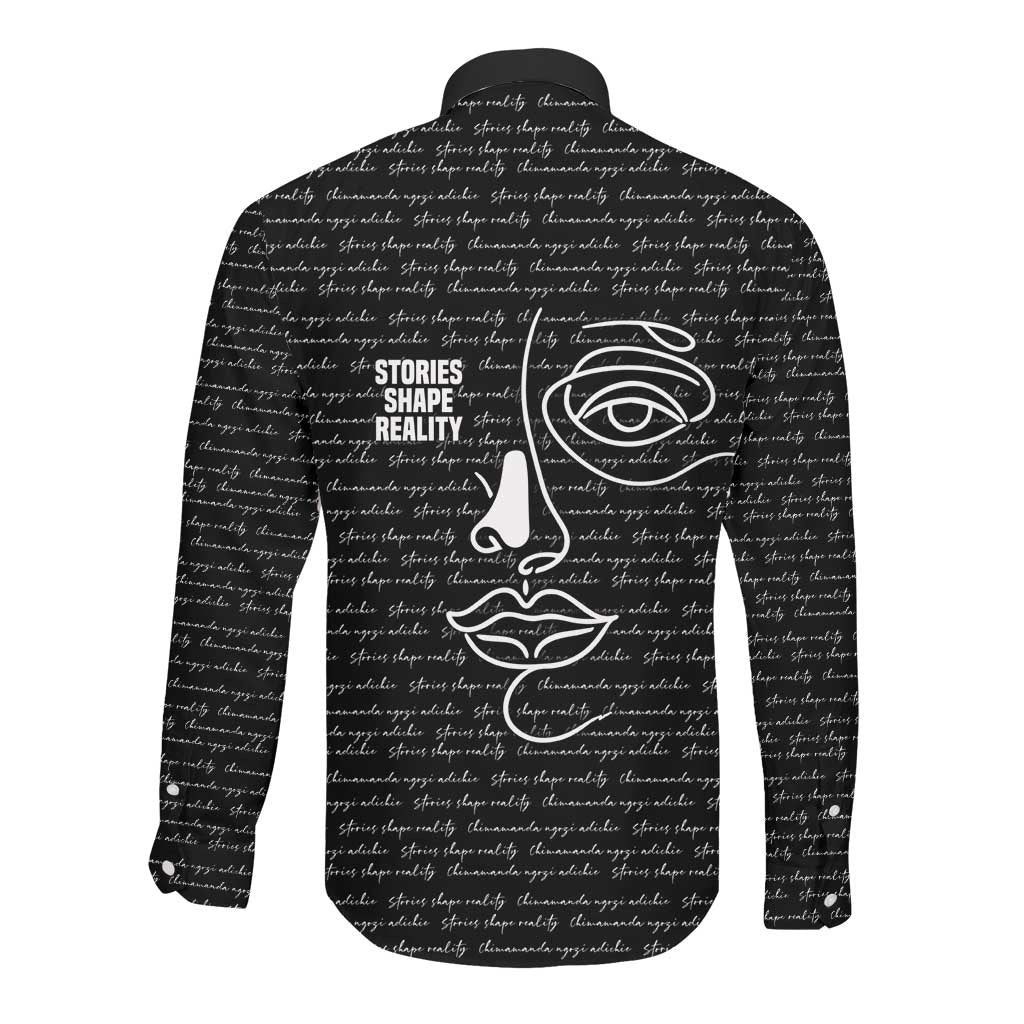 Chimamanda Ngozi Adichie Long Sleeve Button Shirt with Expressive Speaking Portrait, Stories Shape Reality - African Pride