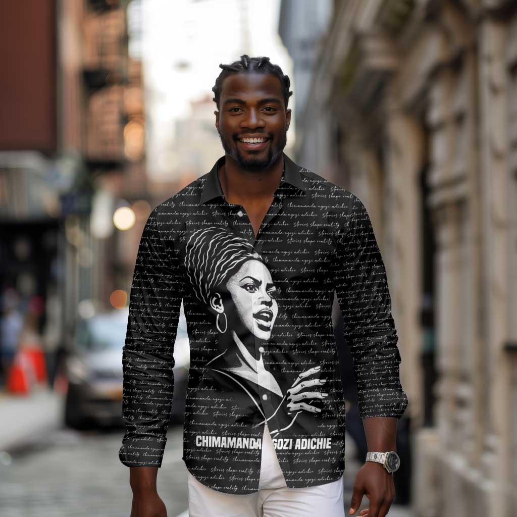 Chimamanda Ngozi Adichie Long Sleeve Button Shirt with Expressive Speaking Portrait, Stories Shape Reality - African Pride