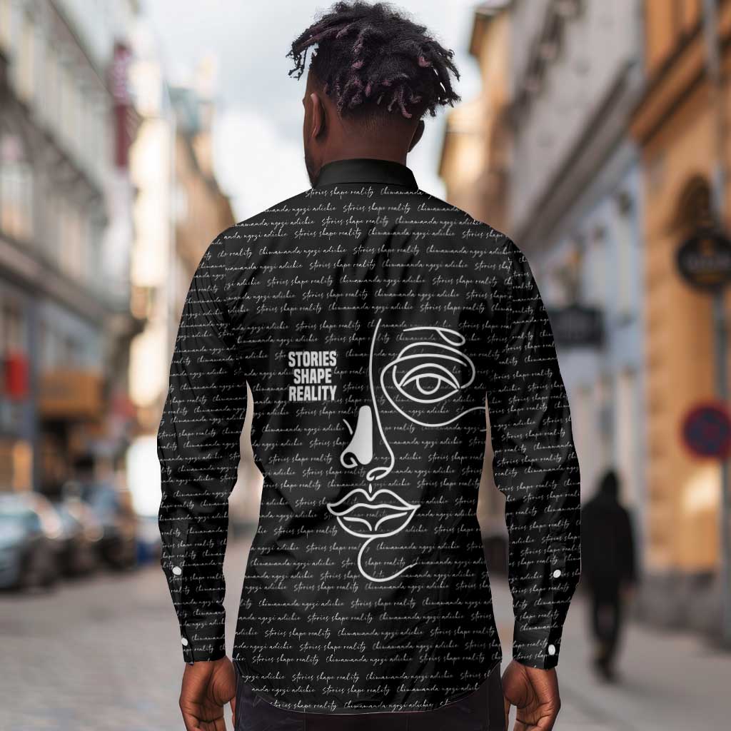 Chimamanda Ngozi Adichie Long Sleeve Button Shirt with Expressive Speaking Portrait, Stories Shape Reality - African Pride