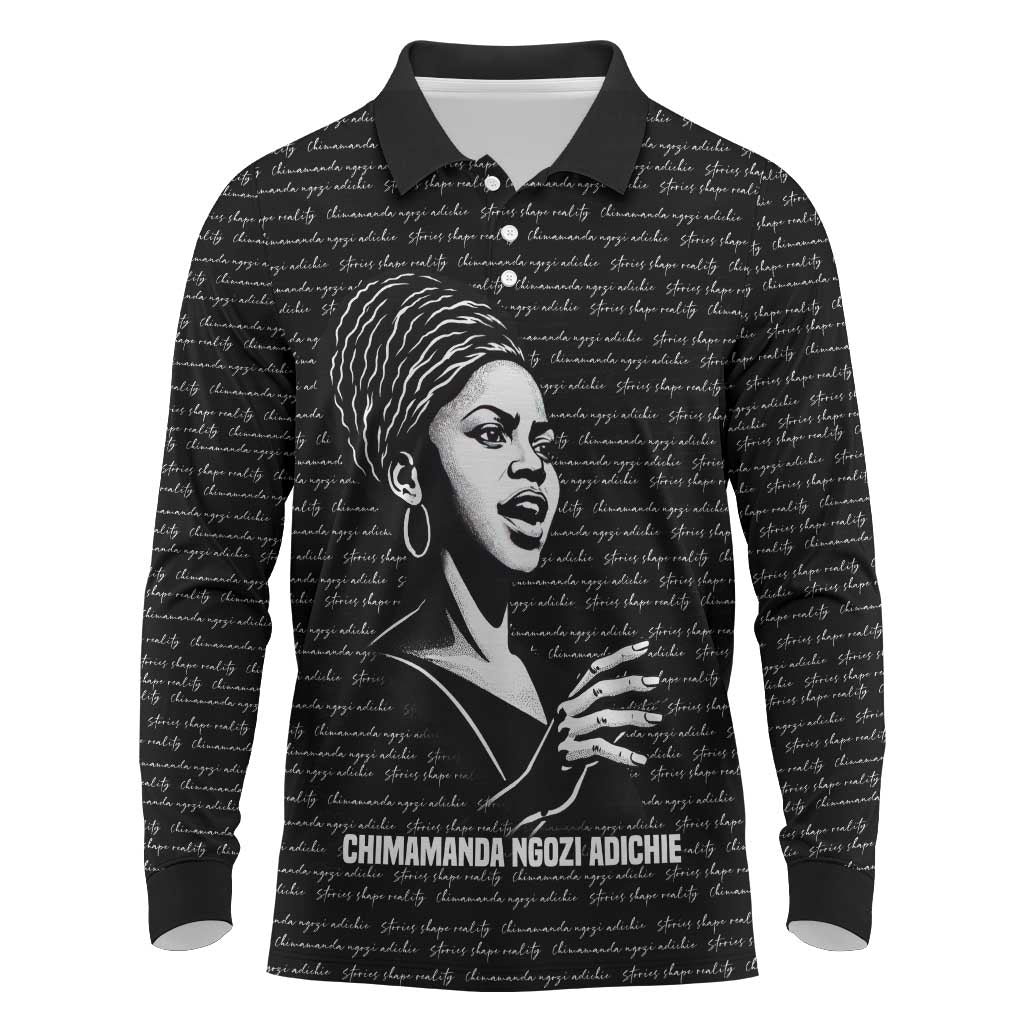 Chimamanda Ngozi Adichie Long Sleeve Polo Shirt with Expressive Speaking Portrait, Stories Shape Reality - African Pride