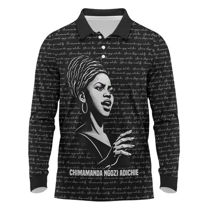 Chimamanda Ngozi Adichie Long Sleeve Polo Shirt with Expressive Speaking Portrait, Stories Shape Reality - African Pride