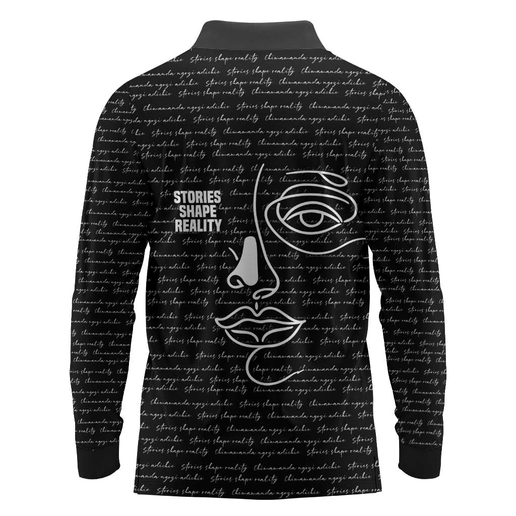 Chimamanda Ngozi Adichie Long Sleeve Polo Shirt with Expressive Speaking Portrait, Stories Shape Reality - African Pride