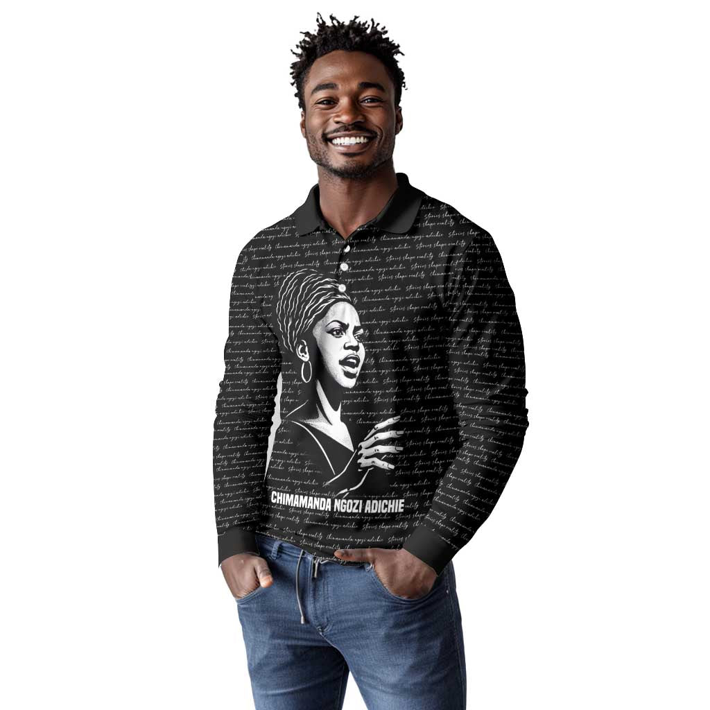 Chimamanda Ngozi Adichie Long Sleeve Polo Shirt with Expressive Speaking Portrait, Stories Shape Reality - African Pride