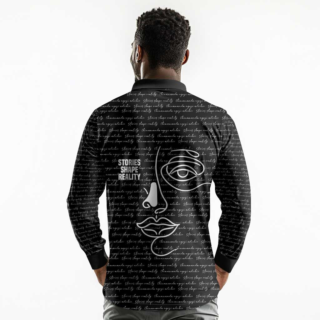 Chimamanda Ngozi Adichie Long Sleeve Polo Shirt with Expressive Speaking Portrait, Stories Shape Reality - African Pride