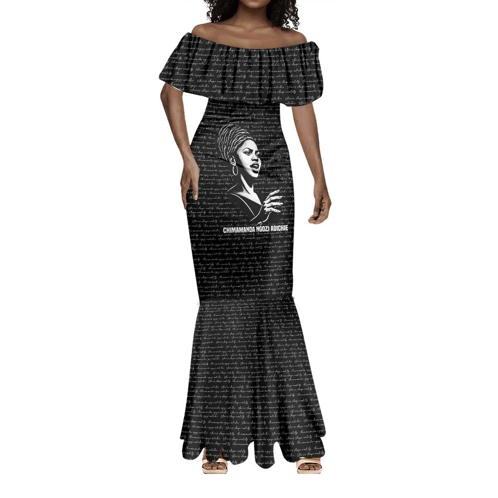 Chimamanda Ngozi Adichie Mermaid Dress with Expressive Speaking Portrait, Stories Shape Reality - African Pride