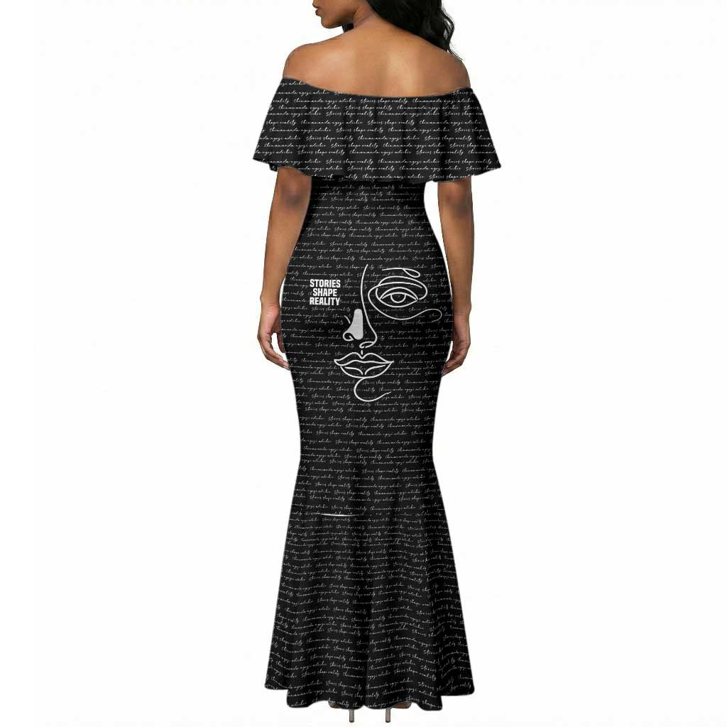 Chimamanda Ngozi Adichie Mermaid Dress with Expressive Speaking Portrait, Stories Shape Reality - African Pride