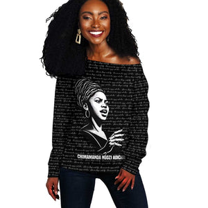 Chimamanda Ngozi Adichie Off Shoulder Sweater with Expressive Speaking Portrait, Stories Shape Reality - African Pride