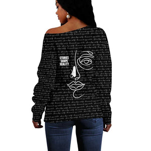 Chimamanda Ngozi Adichie Off Shoulder Sweater with Expressive Speaking Portrait, Stories Shape Reality - African Pride