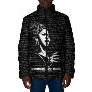 Chimamanda Ngozi Adichie Padded Jacket with Expressive Speaking Portrait, Stories Shape Reality - African Pride