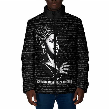 Chimamanda Ngozi Adichie Padded Jacket with Expressive Speaking Portrait, Stories Shape Reality - African Pride